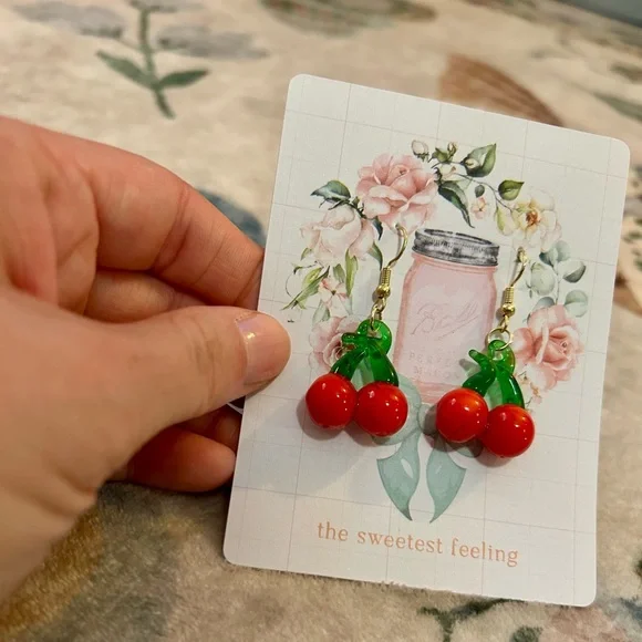 Red Glass Cherry Dangle Earrings - Picture 5 of 5